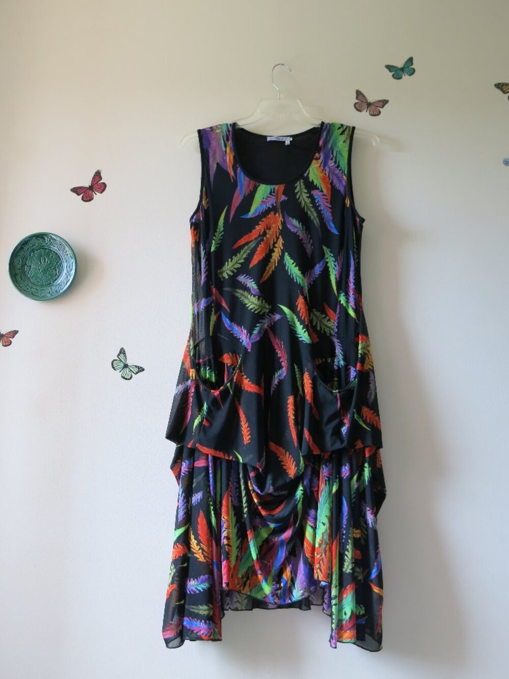 Dzhavael Couture Botanical Leaf Colorful Flowy Mesh Lagenlook French Dress Sz. L
